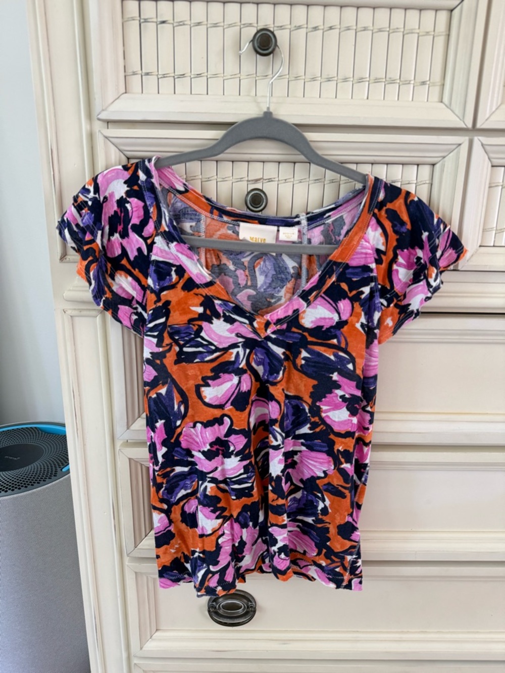 Maeve by Anthropologie Floral Print Top | Orange Pink Purple | Flutter Sleeve